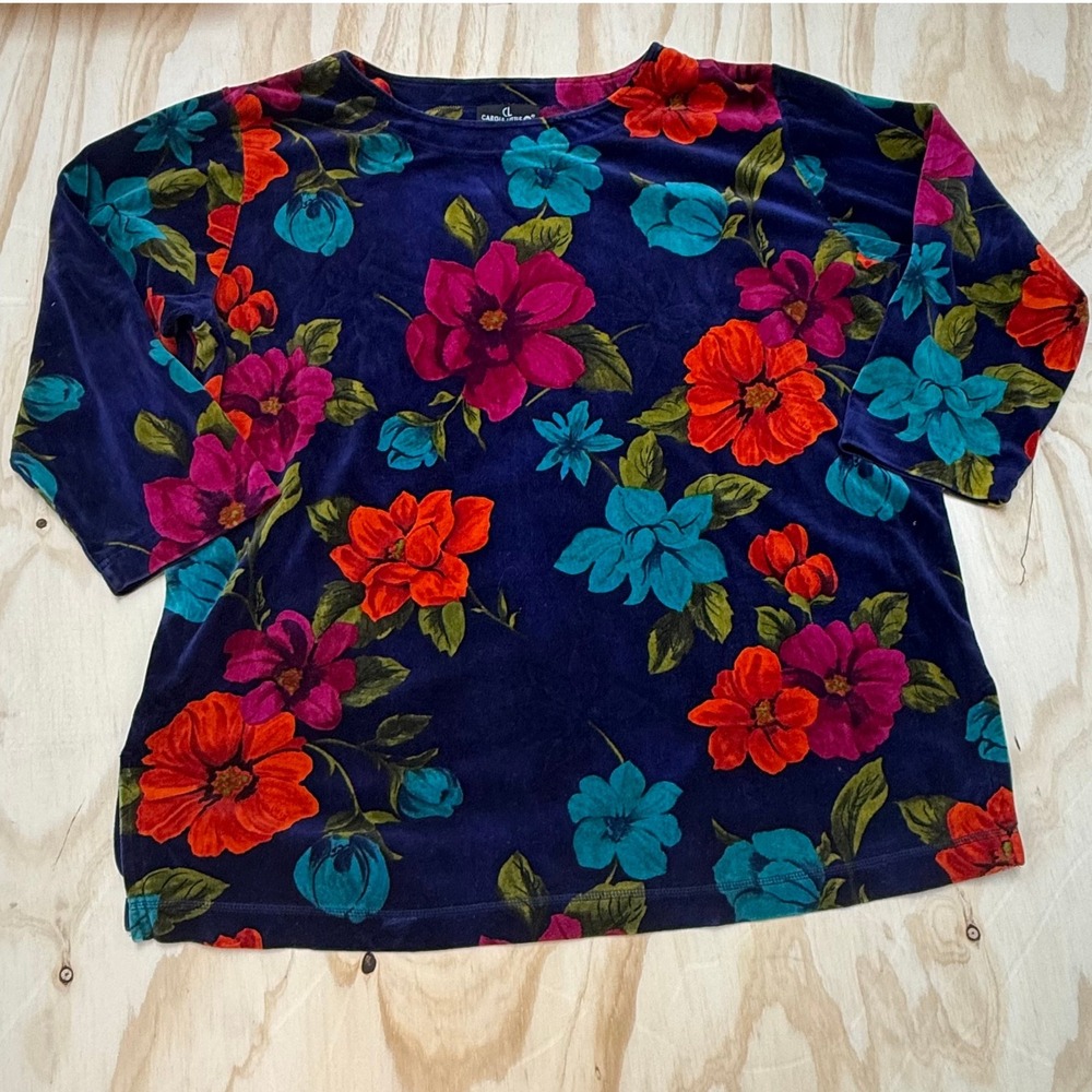 Carole Little Vintage Floral Velour Loungewear Set Navy Blue Plus Size 2X 3X